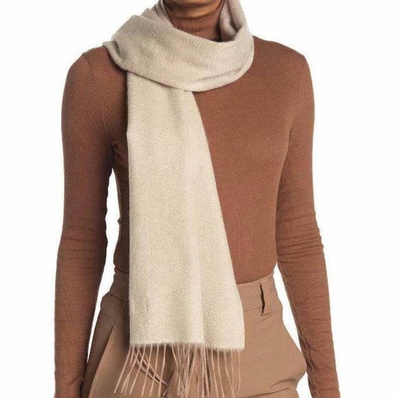Qi Accessories - Qi Cashmere Ivory/Camel Double Faced Fringe scarf
